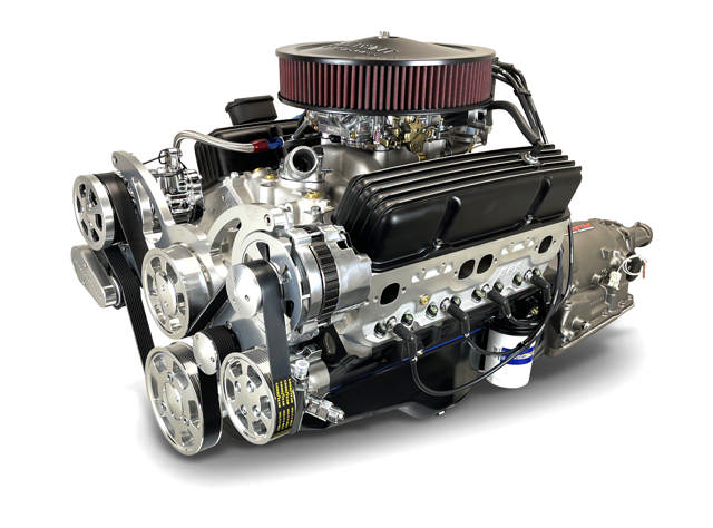 BluePrint Engines GM Small Block Compatible 383 c.i. Engine and 700R4 Automatic Transmission - 436 Horsepower - Standard Edition Builder Series - Polished Pulley Kit - Carbureted