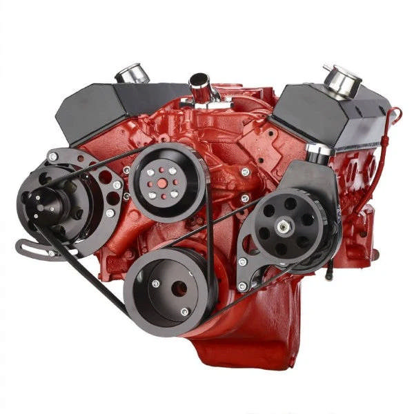 GM SB Compatible Front Accessory Drive - Dual-Belt Quick Serpentine - Alternator - Power Steering - Water Pump - Brackets - Bolts - Black
