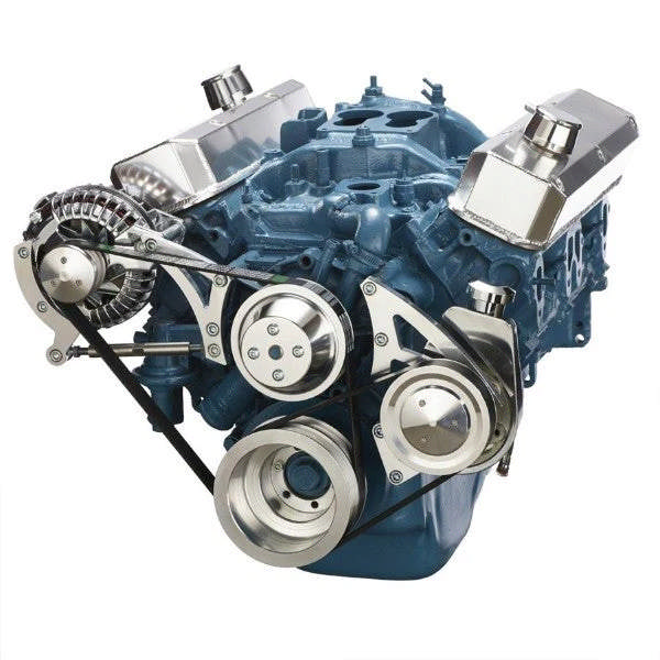 Chrysler SB Compatible Front Accessory Drive - Dual-Belt Quick Serpentine - Alternator - Power Steering - Water Pump - Brackets - Bolts - Polished