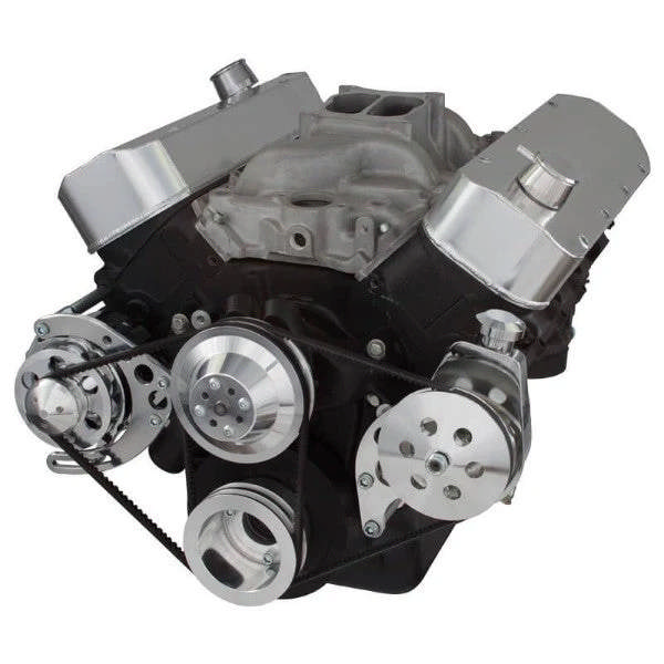 GM BB Standard Deck Compatible Front Accessory Drive - V-Belt - Alternator - Power Steering - Water Pump - Brackets - Bolts - Polished
