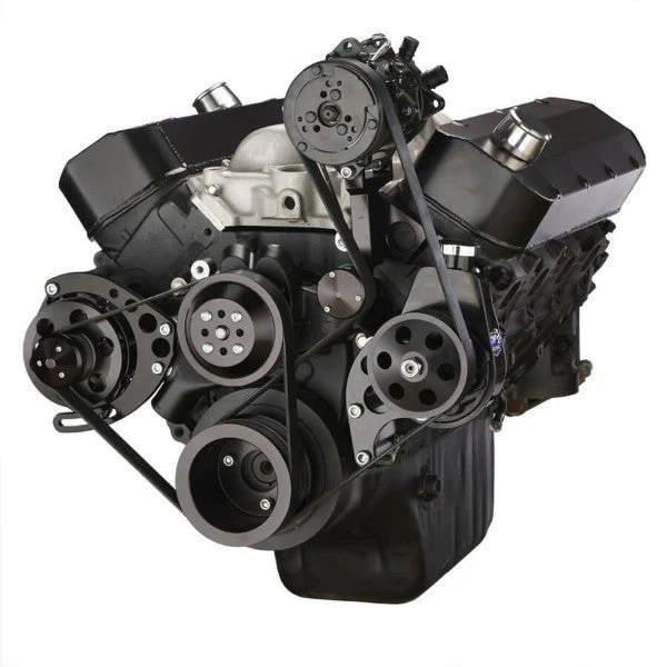 GM BB Standard Deck Compatible Front Accessory Drive - Dual-Belt Quick Serpentine - Alternator - AC - Power Steering - Water Pump - Brackets - Bolts - Black