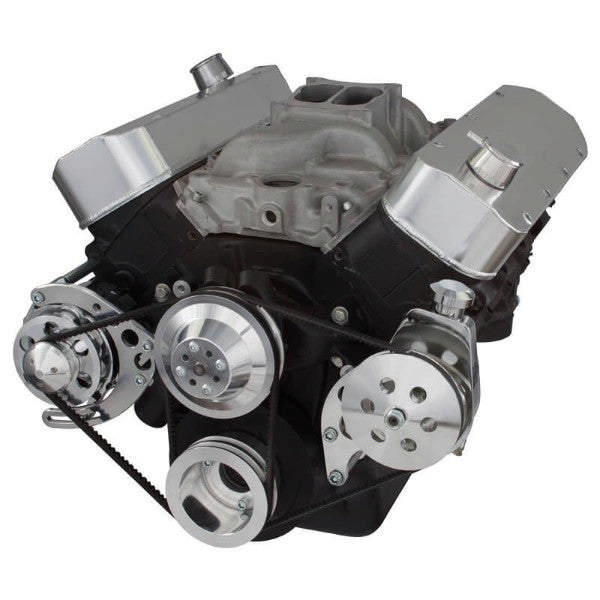 GM BB Tall Deck Compatible Front Accessory Drive - V-Belt - Alternator - Power Steering - Water Pump - Brackets - Bolts - Black