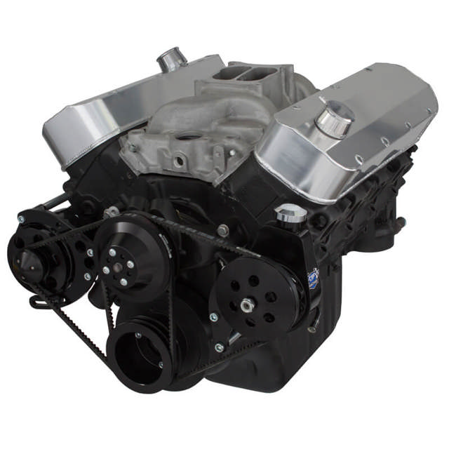GM BB Tall Deck Compatible Front Accessory Drive - V-Belt - Alternator - Power Steering - Water Pump - Brackets - Bolts - Black