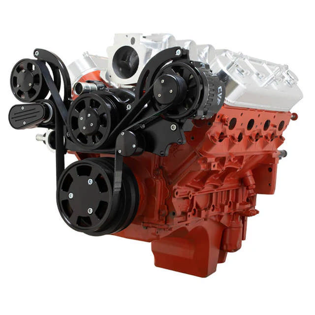 GM LS Compatible Front Accessory Drive - Full Serpentine - Alternator - AC - Water Pump - Brackets - Bolts - Black