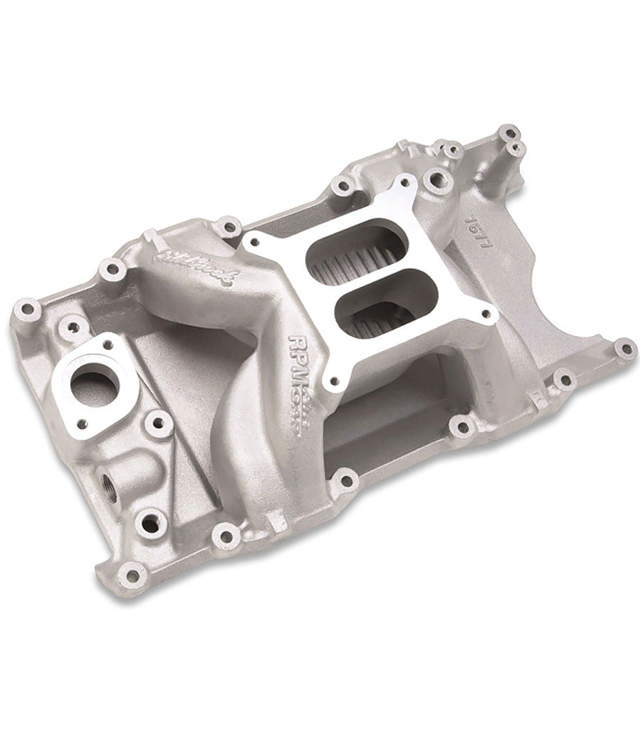 EDELBROCK PERFORMER RPM AIR-GAP SMALL BLOCK MOPAR INTAKE MANIFOLD 7577 - MAGNUM HEADS - DUAL PLANE - NATURAL ALUMINUM